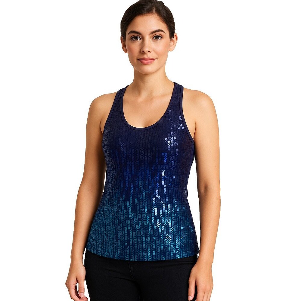 Pinkie Ombre Sequin Racerback Tank‎ Top Womens M Blue Glitter Sparkle Y2K Glam